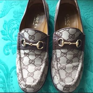 Tan Brown Gucci Horsebit Monogram GG Loafers 37.5